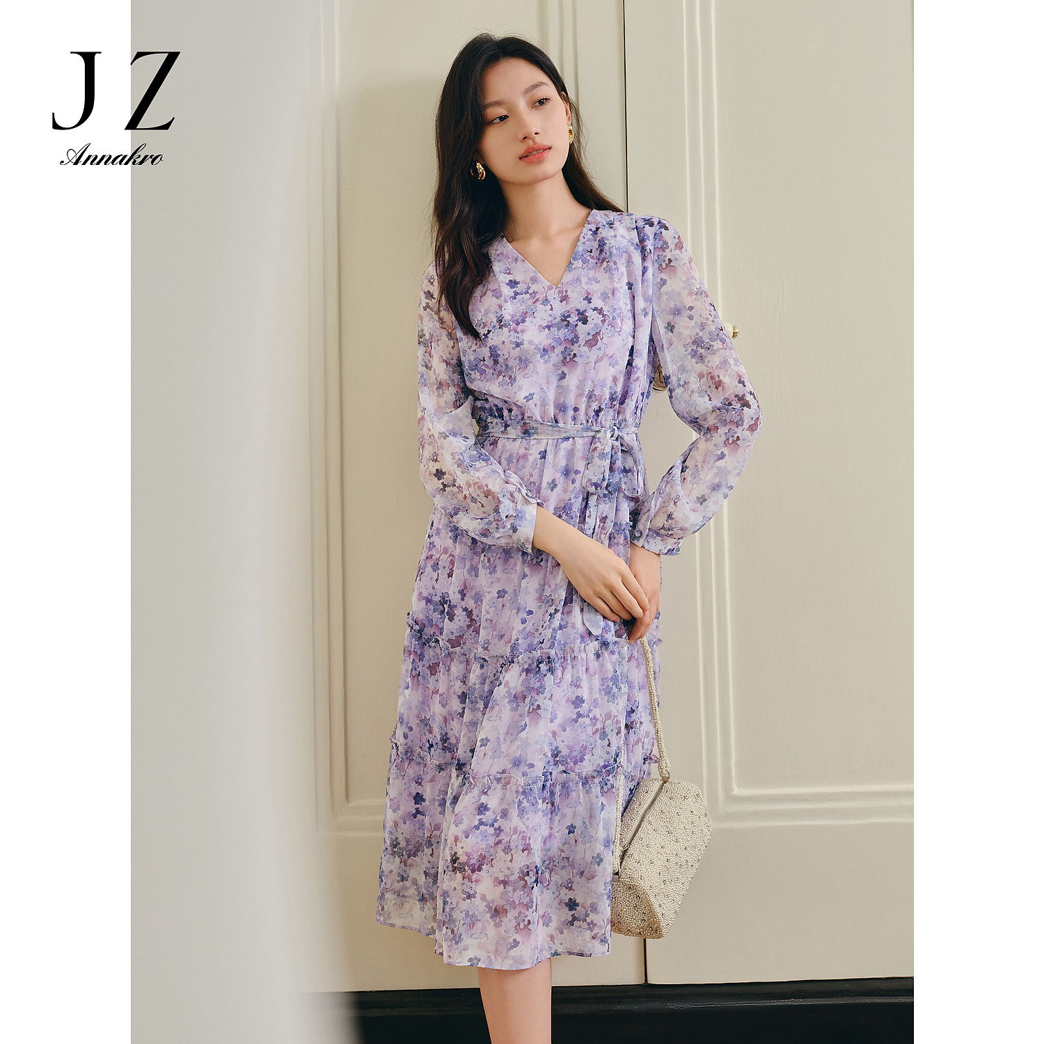 【草木系列】玖姿安娜蔻JTEC50042雪纺木耳边收腰连衣裙女春