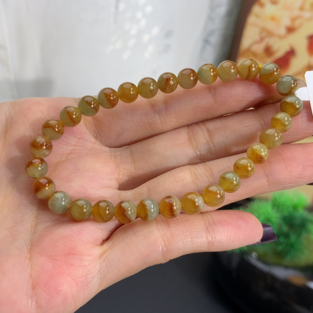 翡翠未镶嵌手串卡6胶润黄翡鸳鸯手串