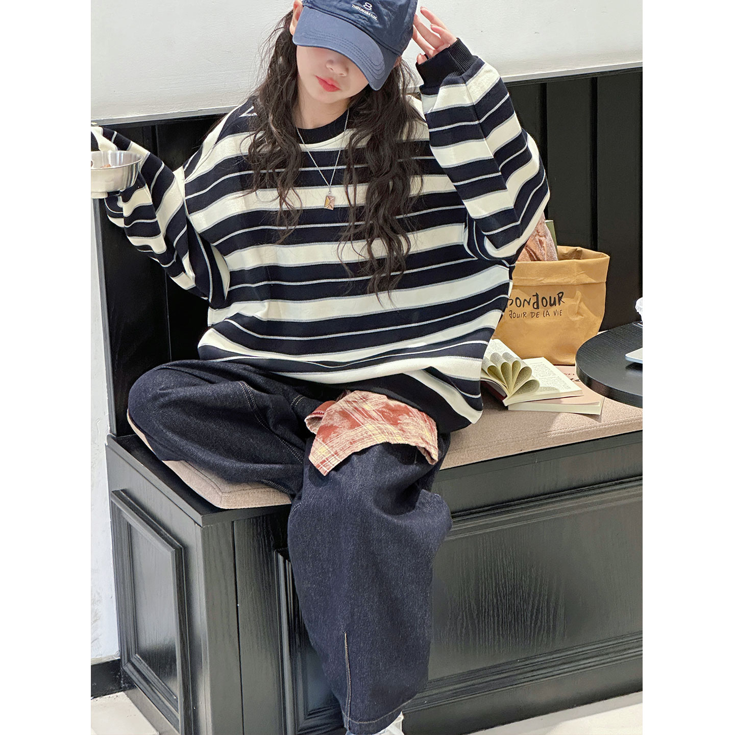 K25627孙小美撞色女童春秋装卫衣新款儿童条纹上衣大童打底衫