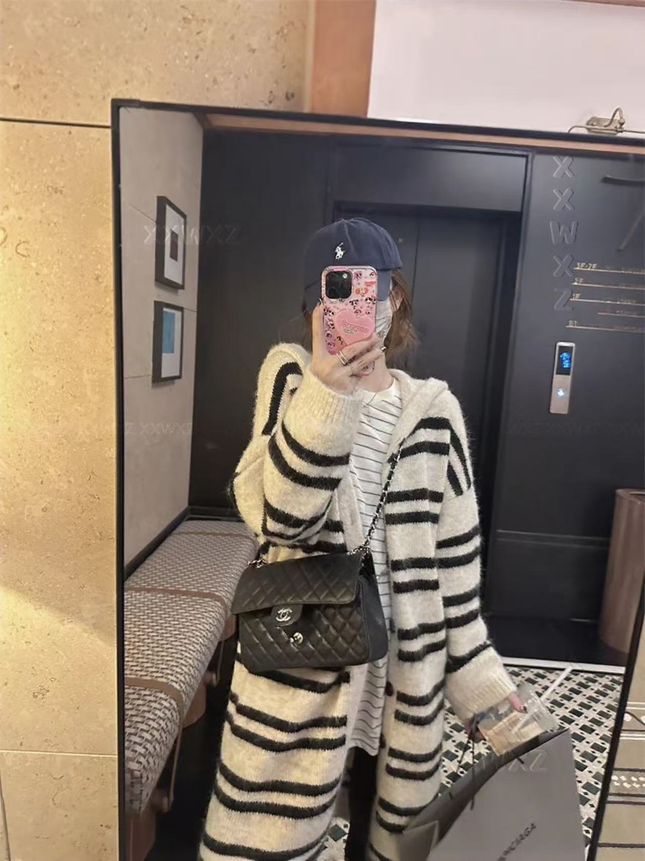 【大脸】秋冬新款韩系宽松慵懒风条纹连帽中长款针织毛衣外套28335