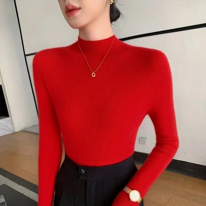 一线成衣 无缝半高领 加厚打底衫女套头毛衣修身针织衫冬季女士