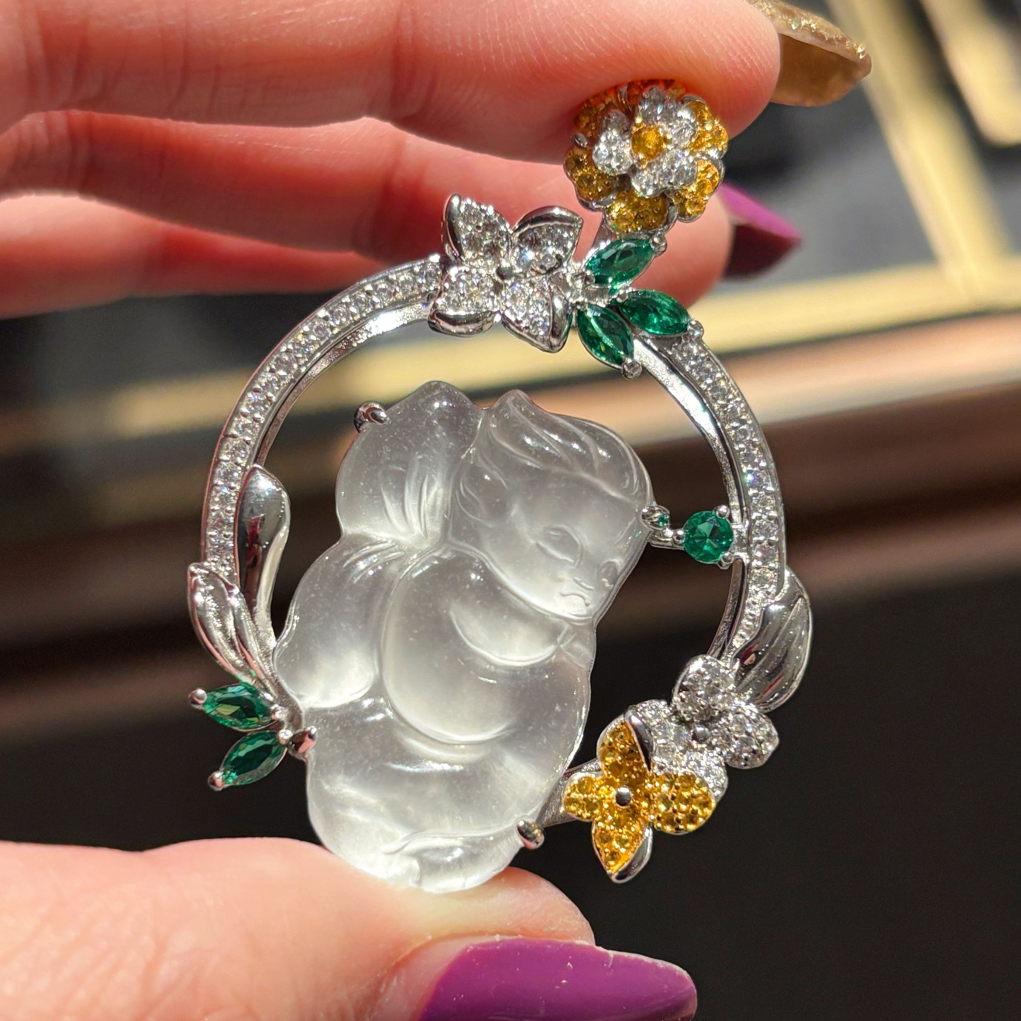 VISING珠宝天然水沫石英质玉小仙女花仙子设计款吊坠毛衣链国风