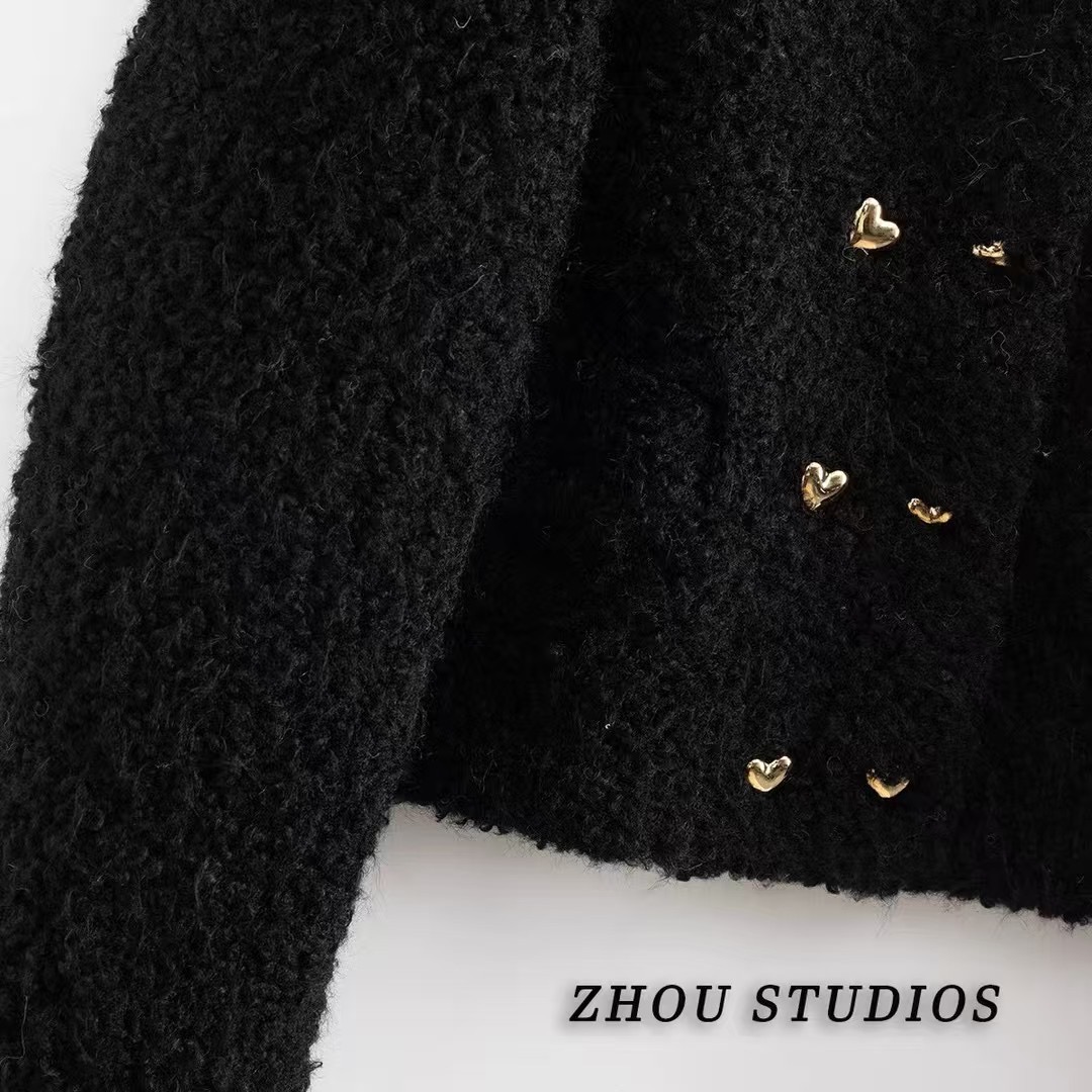 （好莱坞）秋冬季爱心双排扣外套女宽松皮毛一体 短外套新款上衣