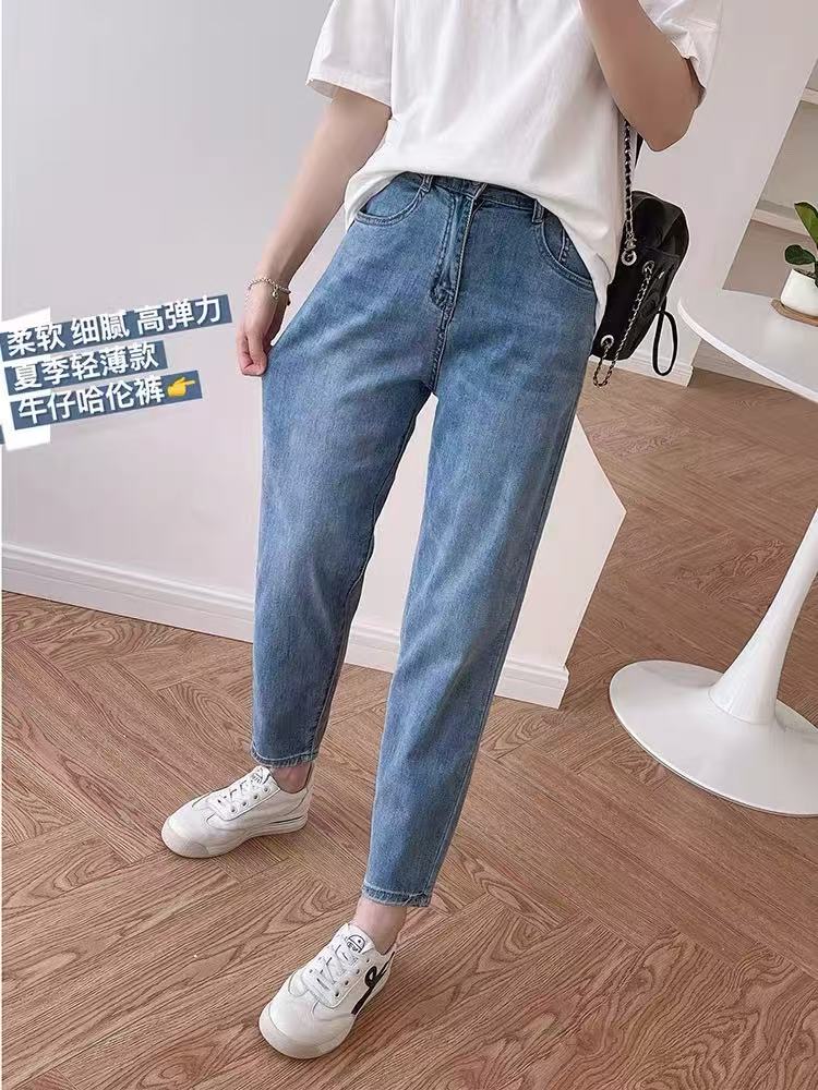 99095烟管裤牛仔裤卷边开扣眼发货阔腿复古蓝色小脚裤