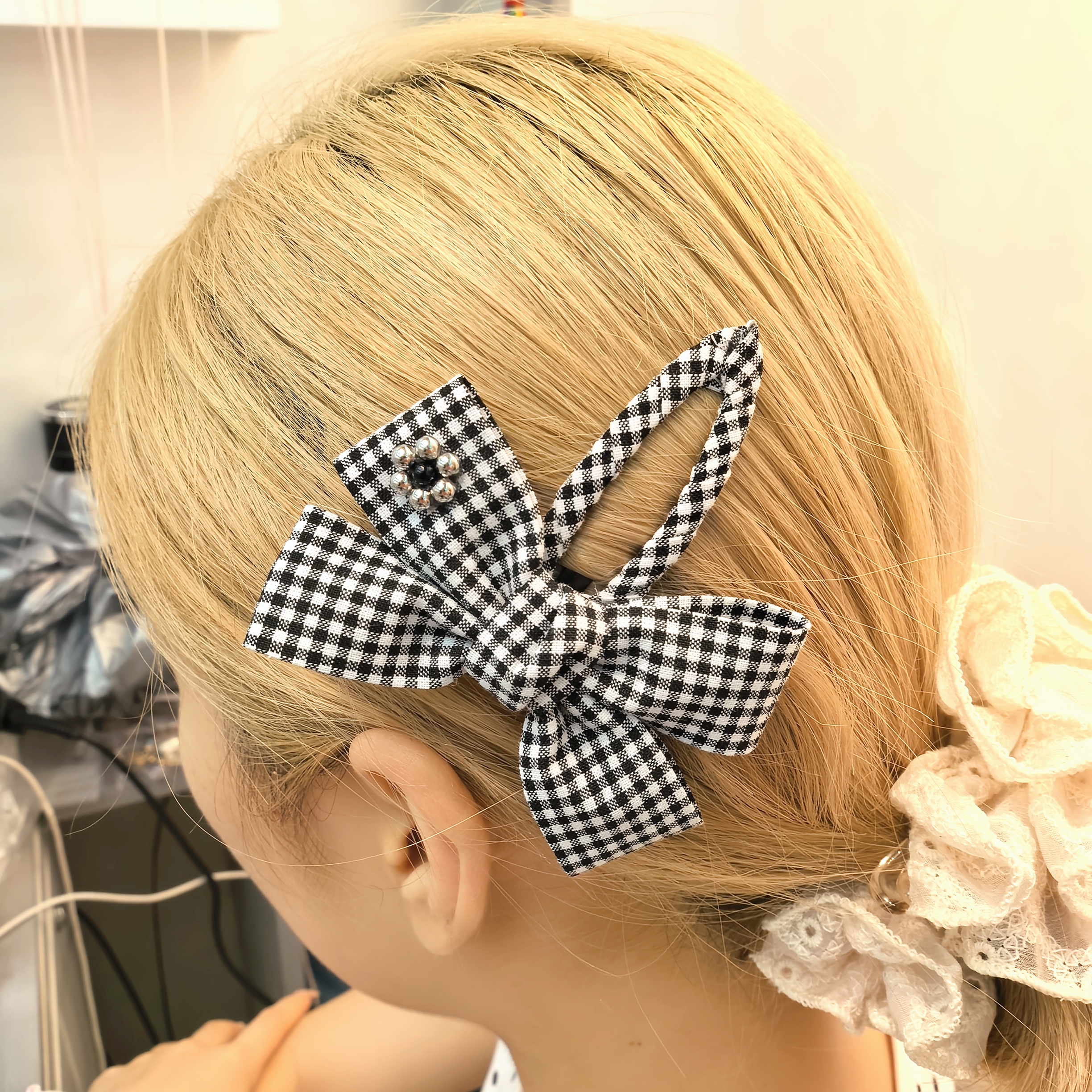 A182黑色格子蝴蝶结花花掰掰夹