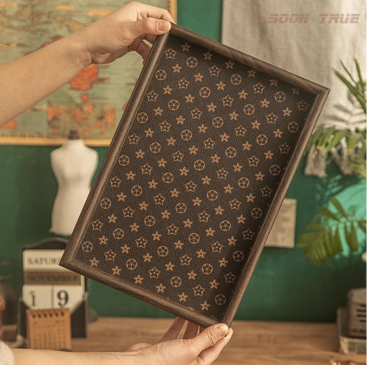 复古新款家用木制皮革收纳托盘置物盘小物件收纳盘客厅桌面托盘