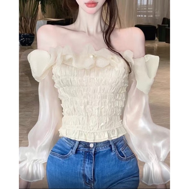 一字肩钉珠花朵喇叭袖衬衫女秋季法式甜美收腰百搭别致显瘦上衣潮