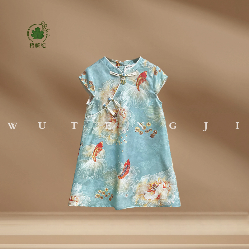现货【云锦】【木薯丝】2025夏季新款国风女童湖蓝色系锦鲤图案连衣裙