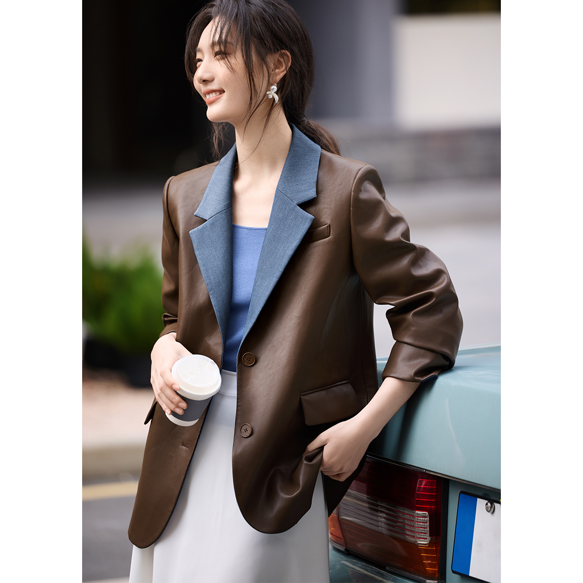 XWI/欣未知性气质拼接牛仔皮衣西装外套2025春新款设计感西装外套