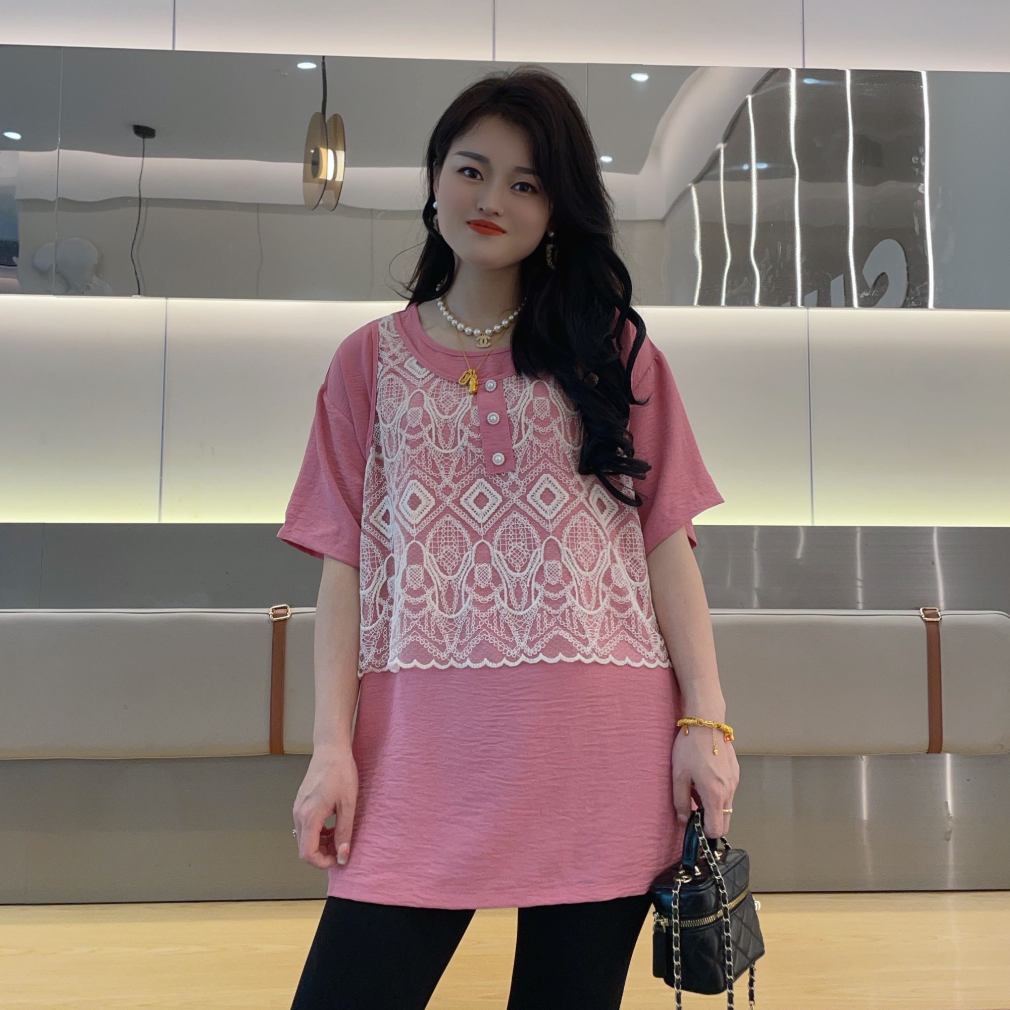 【编码01-100】大码假两件上衣夏季休闲宽松重工拼接T恤