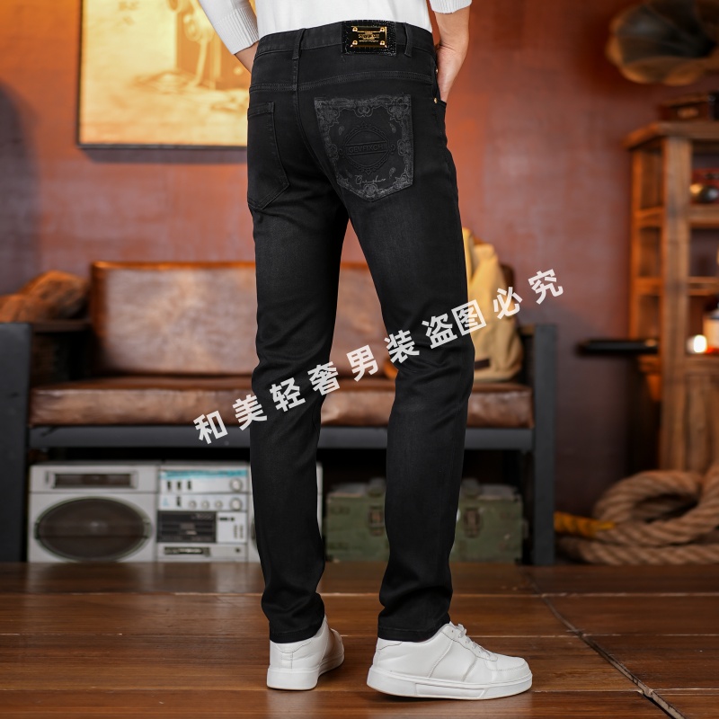 秋冬新款修身黑色牛仔裤男士时尚潮流印花弹力小脚裤男百搭秋季