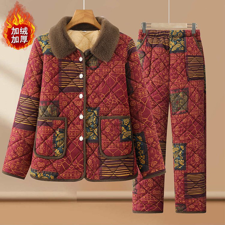 毛领冬季新款大码中老年妈妈装加绒加厚保暖棉衣棉裤加厚套装