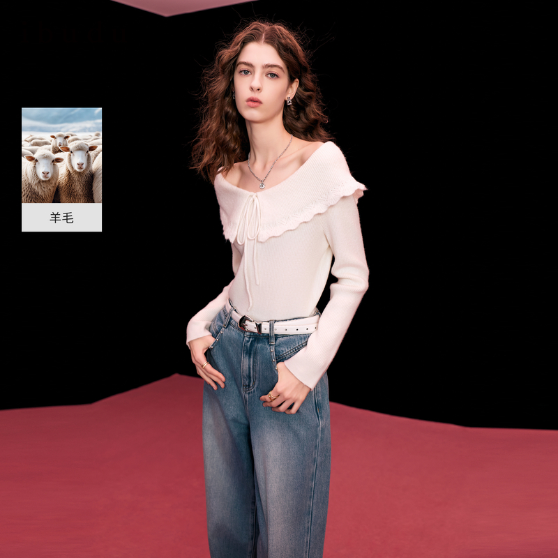 三彩ibudu2026春季新款一字领针织衫系带毛衫长袖套头衫女
