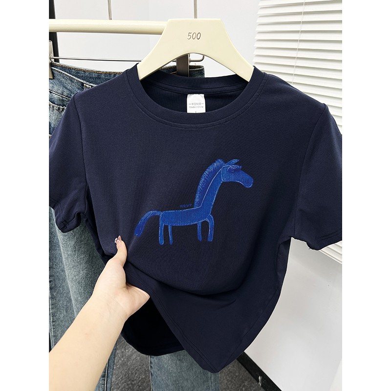 夏季新款小众设计感正肩短袖t恤女装韩版时尚休闲百搭圆领上衣女