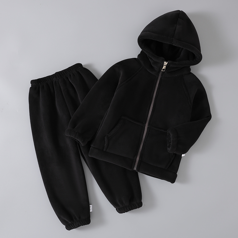 冬季加厚款夹棉儿童复合绒带帽睡衣男童男孩女童宝宝家居服套装