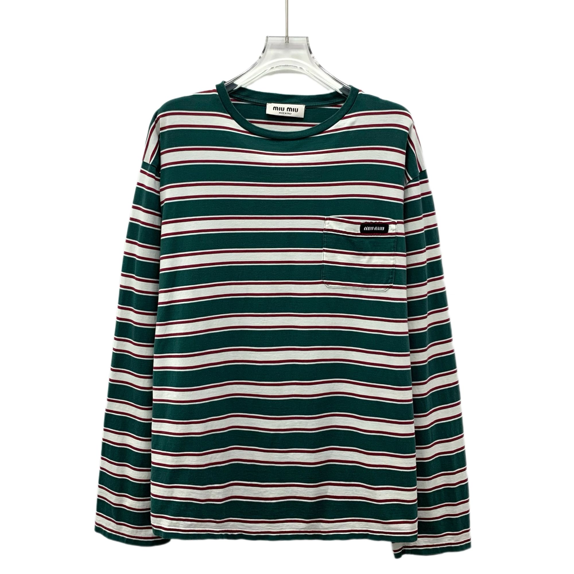 99新 MIU MIU/缪缪  KM0022  24款 拼色条纹棉质圆领长袖T恤 S码 
