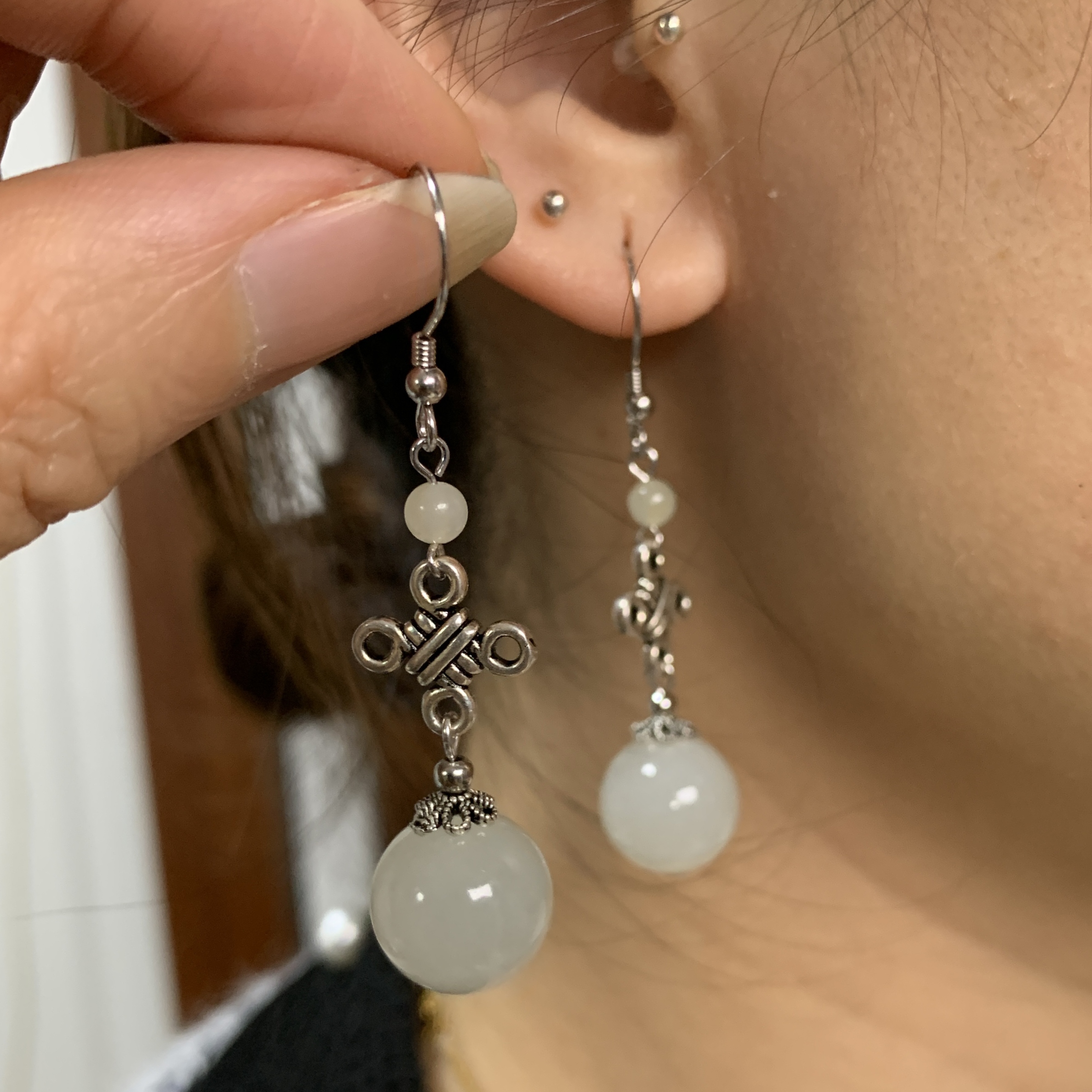 天然和田玉卡12mm左右S925银镶嵌气质百搭时尚耳环耳钉