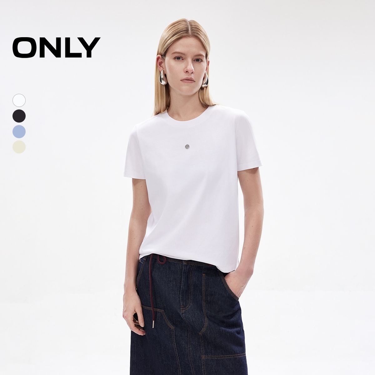 ONLY2025秋季新款经典圆领金属装饰短袖合体正肩T恤女|125101121