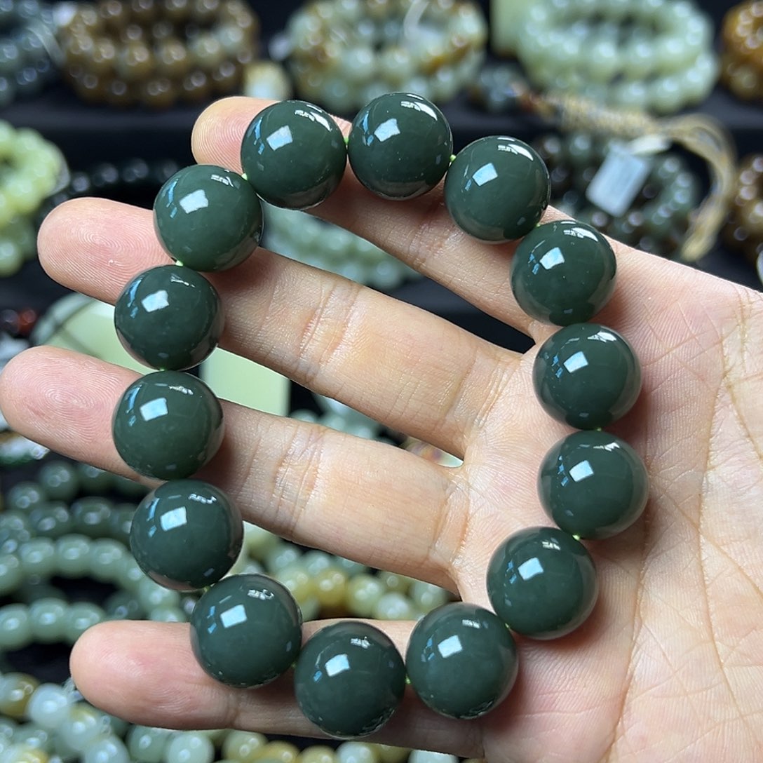 和田玉手链未镶嵌新疆且末蓝卡14圆珠 油润