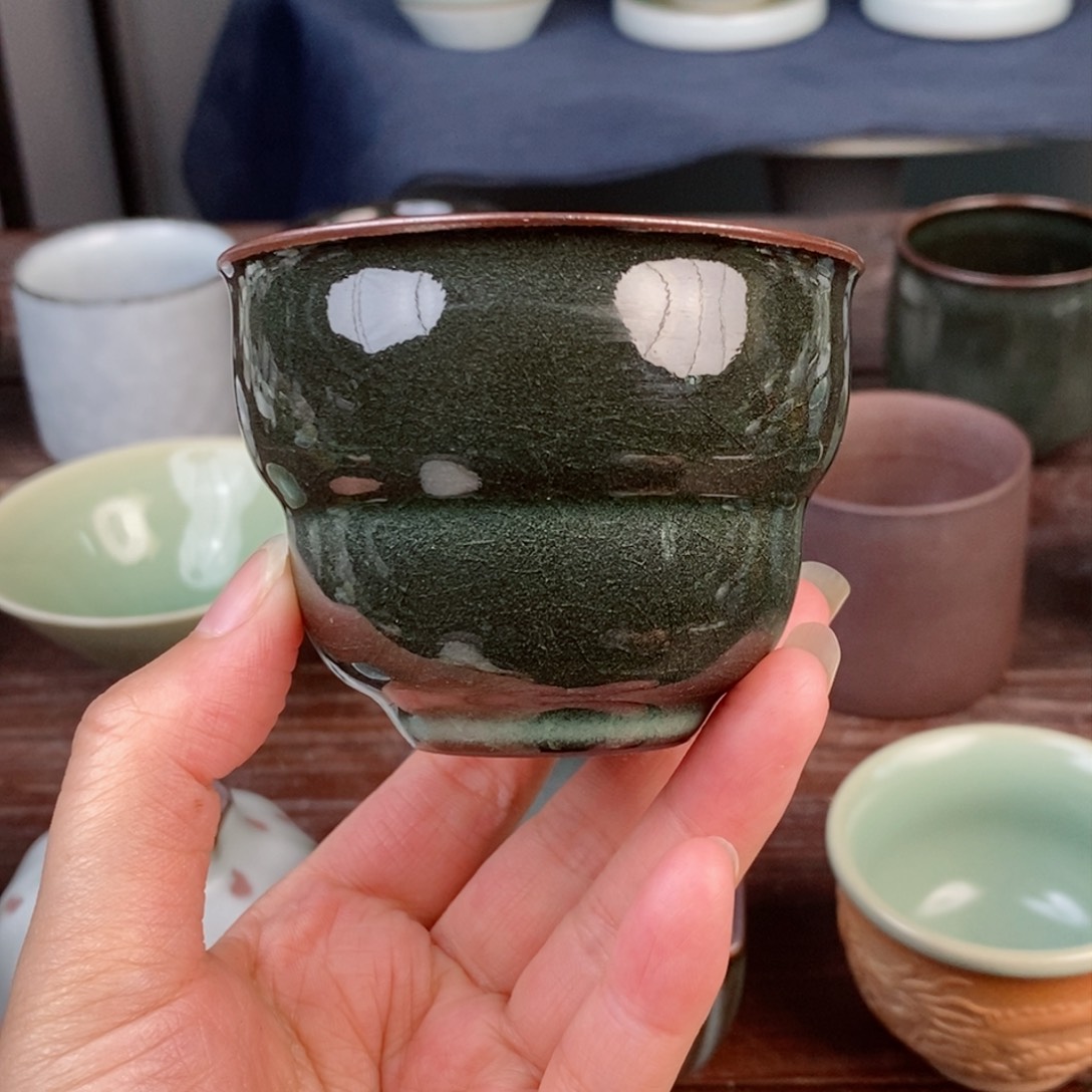 铁胎豆青葫芦杯 开片 