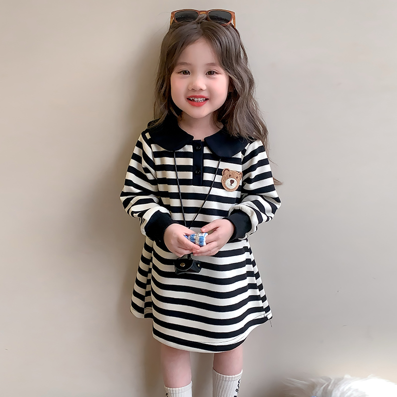 公主裙裙子童装宝宝生日女童条纹小熊秋季长袖翻领儿童洋气中长款