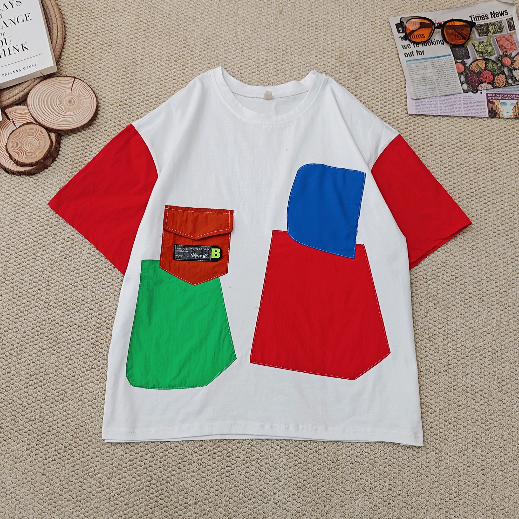 2025夏季新款宽松百搭拼色短袖T恤2115