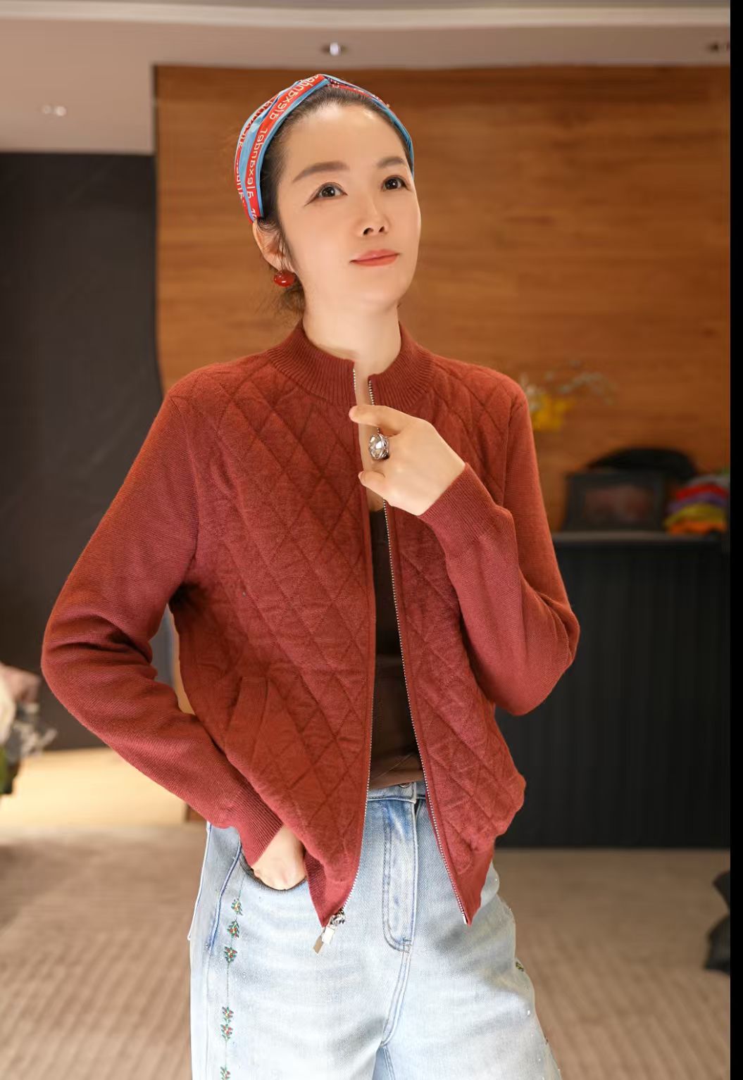 老钱风菱形格时尚针织衫纯色小棉袄外套半高领空气层上衣