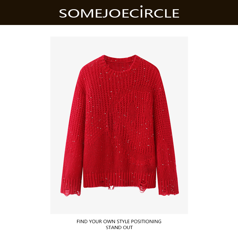 【DZ】SOMEJOECIRCLE【毛针织衫】新品珠片镂空笑脸织纹宽松毛衣K8381
