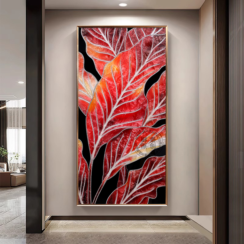 现代轻奢玄关入户画高端手绘珐琅彩装饰画家业叶大芭蕉叶肌理壁画