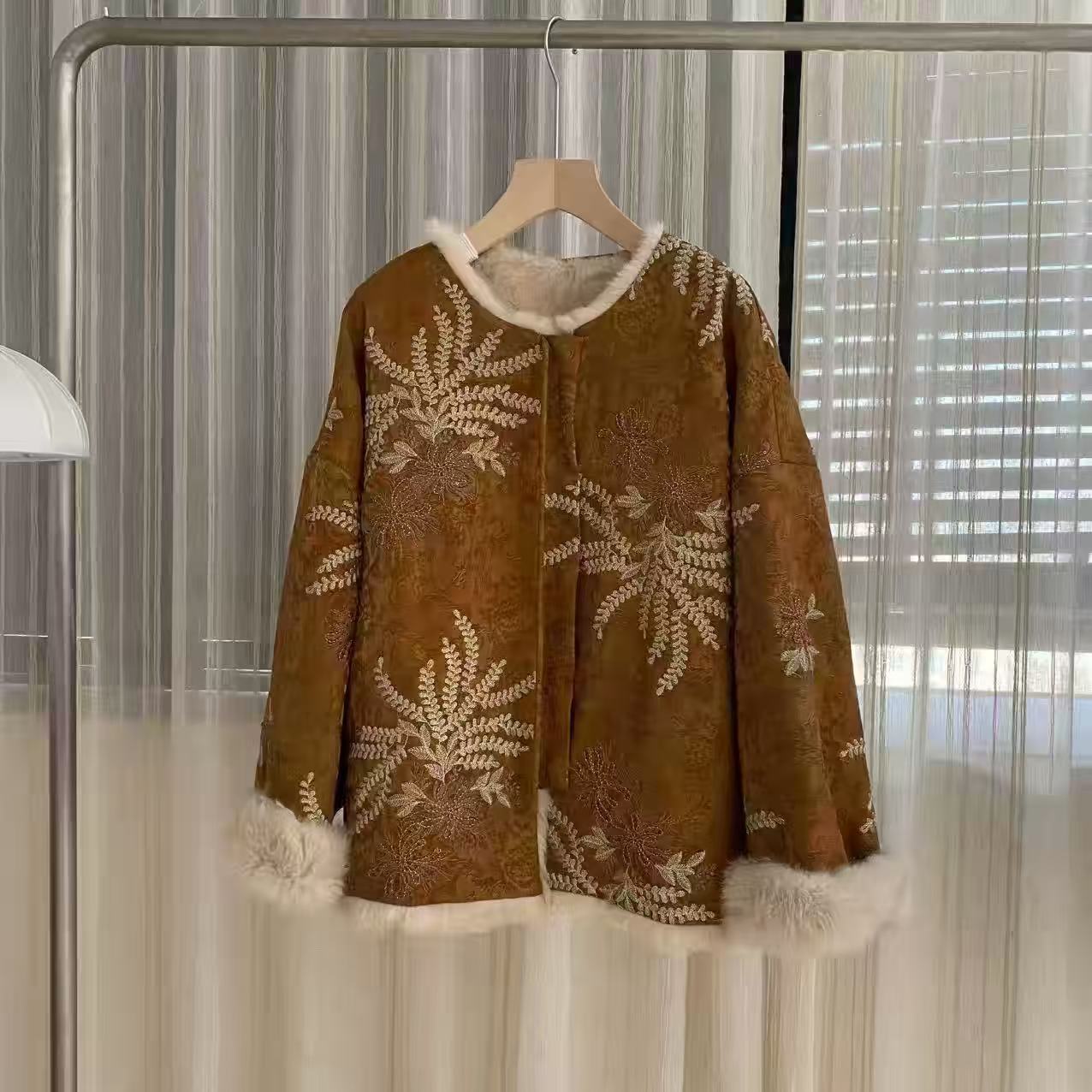 单排扣新中式冬季马海提花短外套中式网红外套秋冬