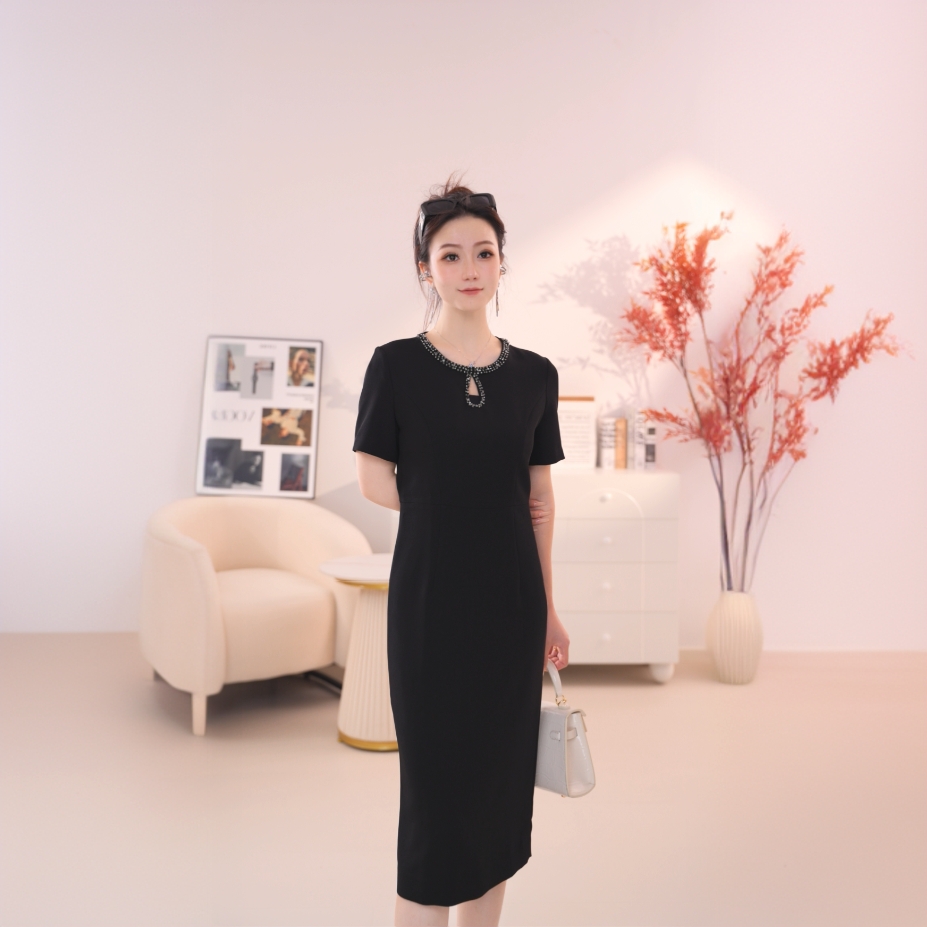 H217【朗】夏季新款钻链高端收腰直筒显瘦气质通勤连衣裙子