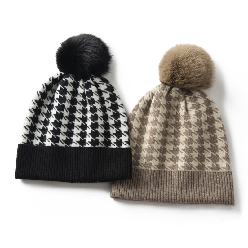 包头帽秋冬千鸟格图案休闲羊绒针织帽保暖堆堆帽
