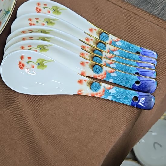 瓷片珐琅彩荷塘小勺6个66666