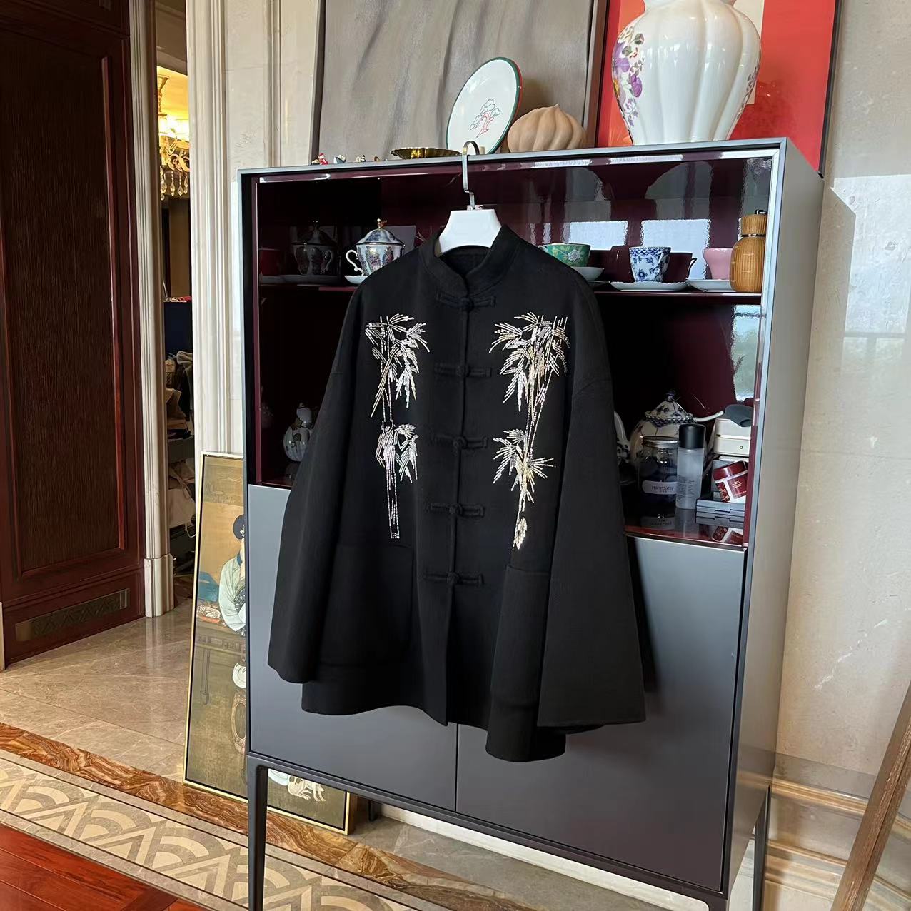 MYL 30山羊绒黑色双面呢外套2023秋冬新立领长袖钉珠竹子上衣