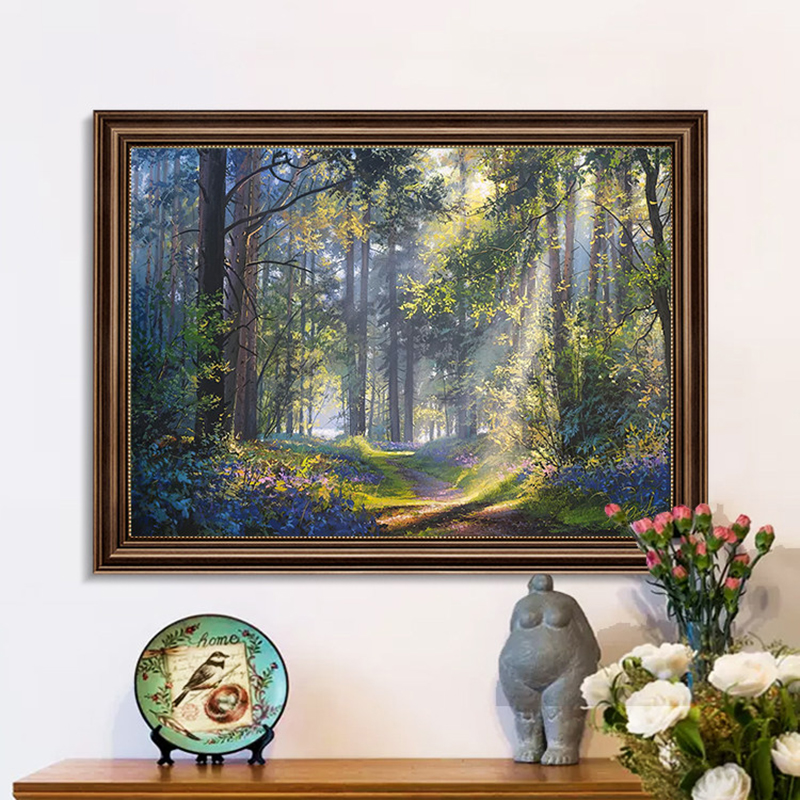 夏日风景客厅玄关挂画大气欧洲森林复古肌理画卧室餐厅走廊装饰画