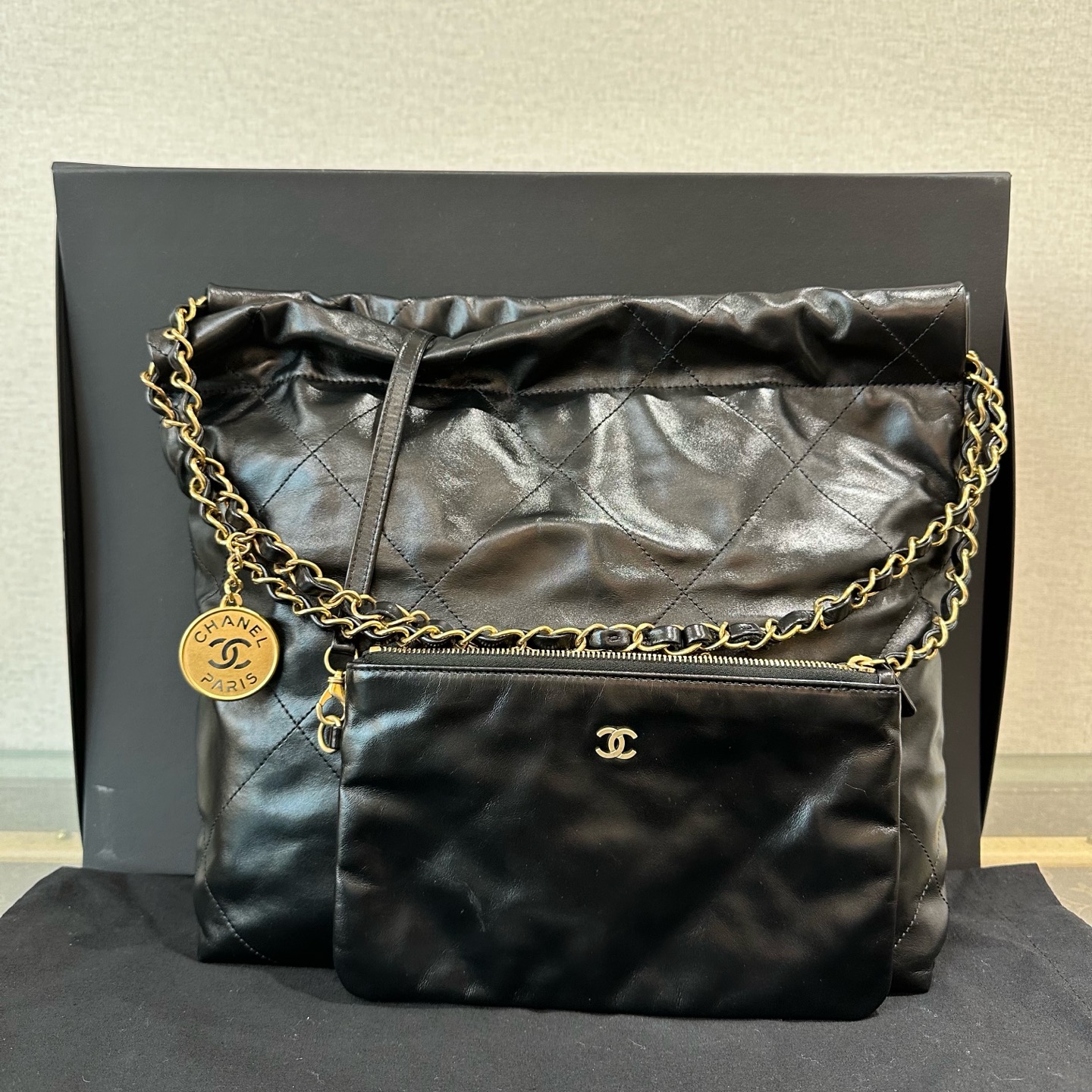 99新 Chanel/香奈儿 22bag黑金子母小号垃圾袋 16786
