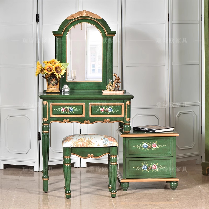 美式乡村实木梳妆台复古彩绘斗柜一体化妆桌卧室带镜子收纳桌做旧