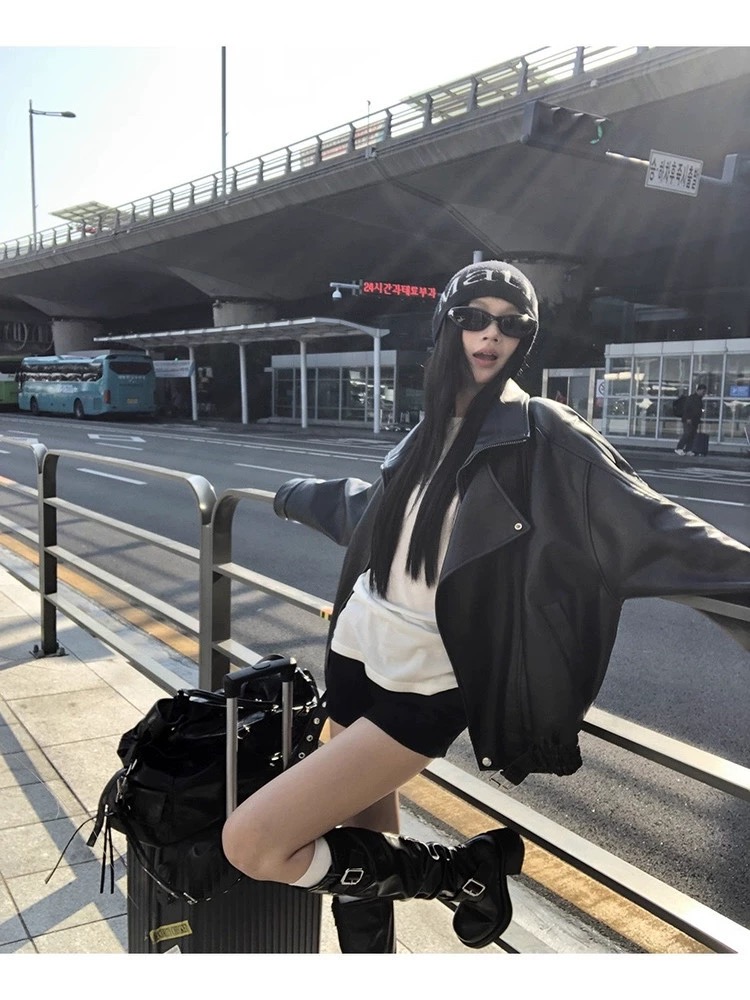 秋季黑色皮衣外套女宽松廓形短款翻领个性化机车服春季高级感夹克