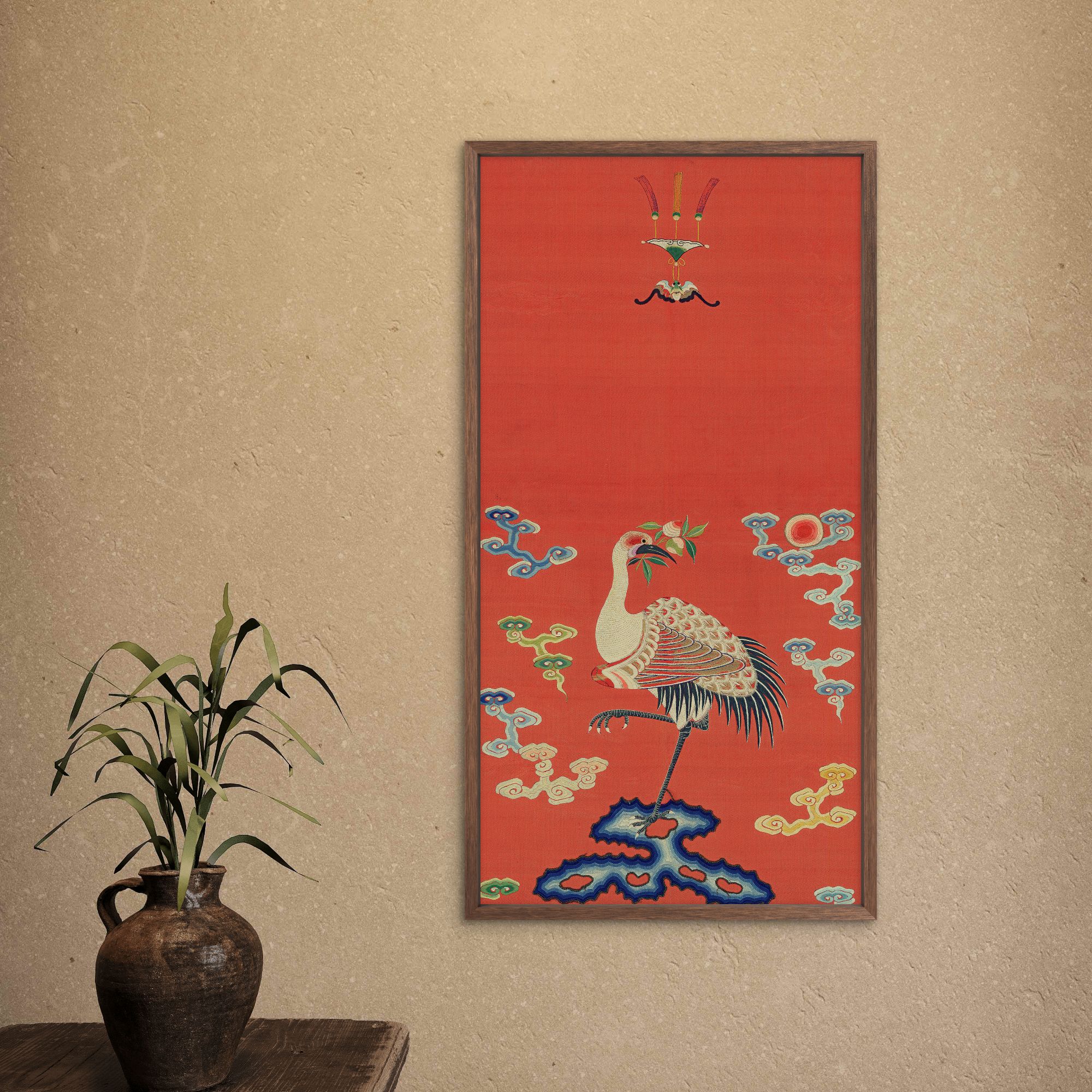 9412-30*55鹤寿祥云图中式装饰画木框玄关书房茶室客厅挂画