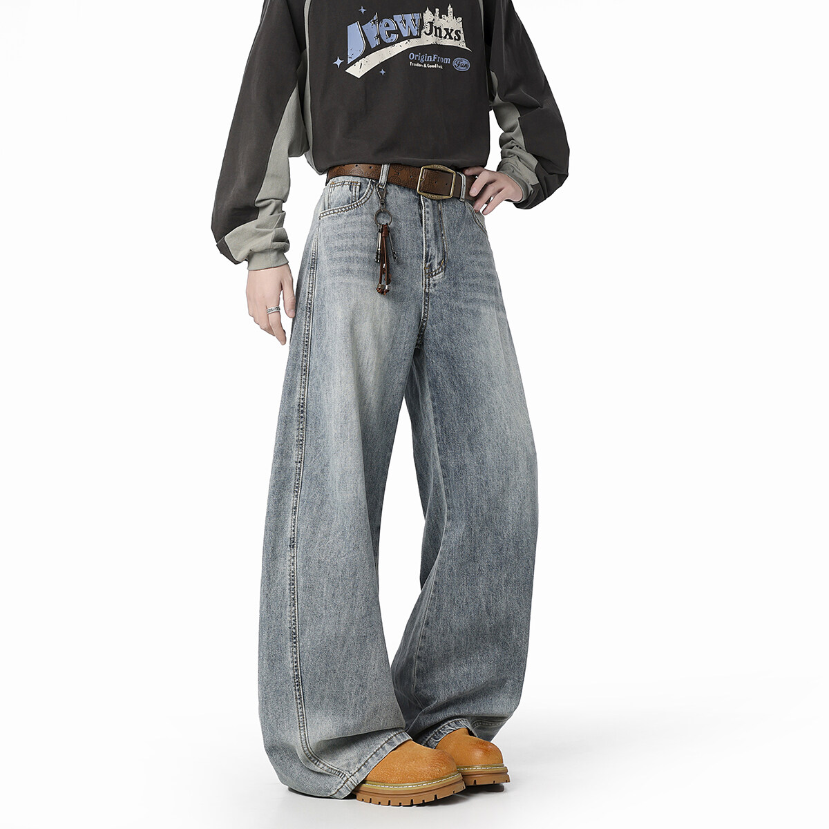 美式潮牌复古水洗做旧弯刀牛仔裤男潮流宽松休闲百搭阔腿长裤子