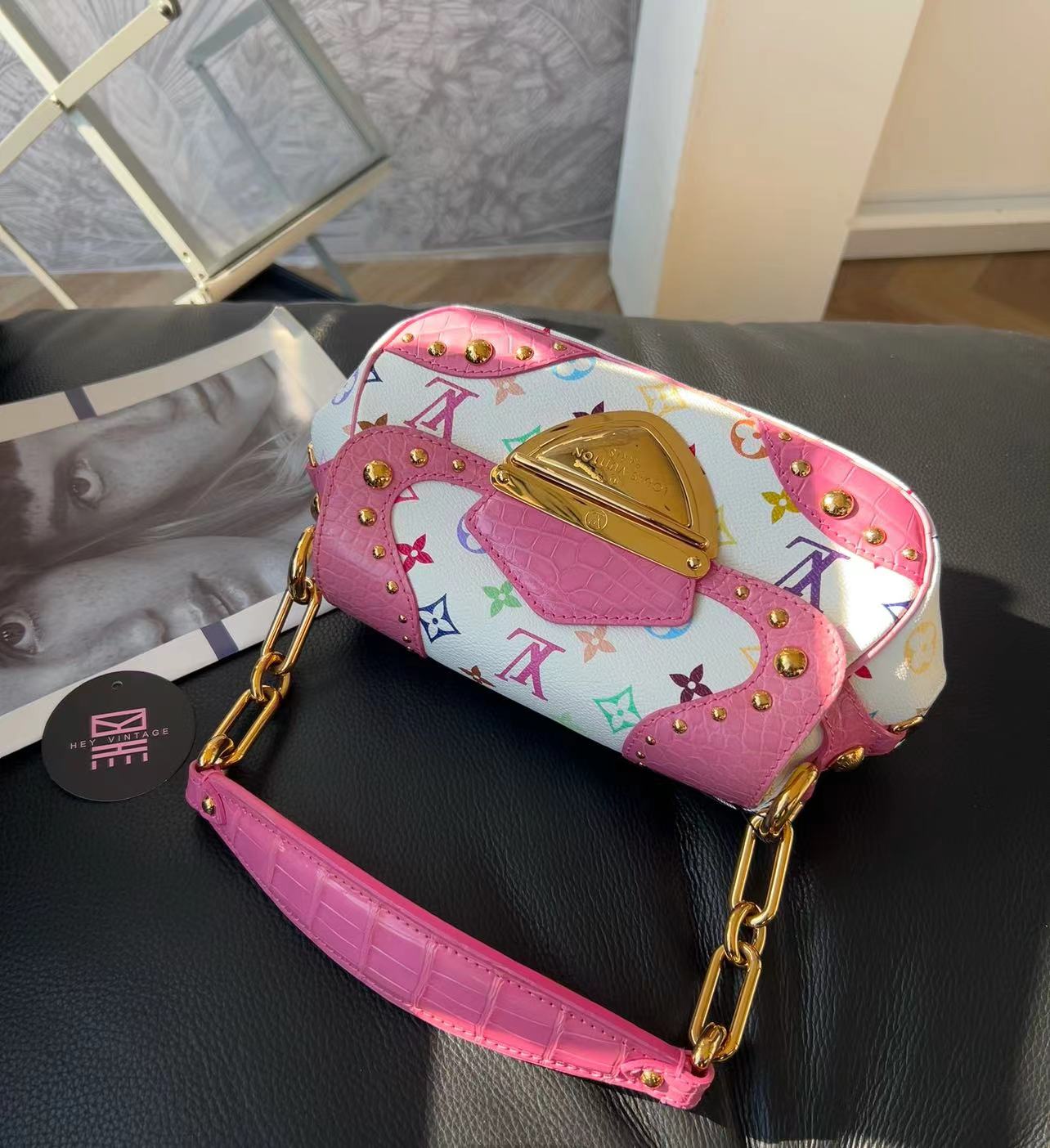 95新 LouisVuitton/路易威登 白三彩拼粉色鳄鱼皮梦露包 20cm