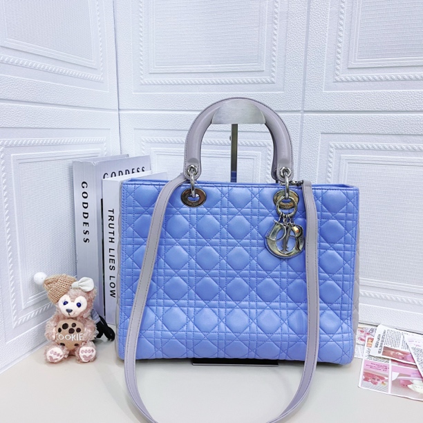 95新 DIOR/迪奥 Baby blue拼灰色银扣七格戴妃手提斜挎包