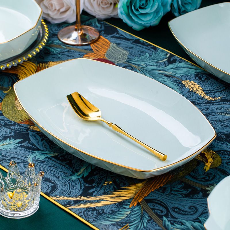 影青钻石方形鱼盘景德镇家用陶瓷盘子餐具欧式饺子盘加深餐盘