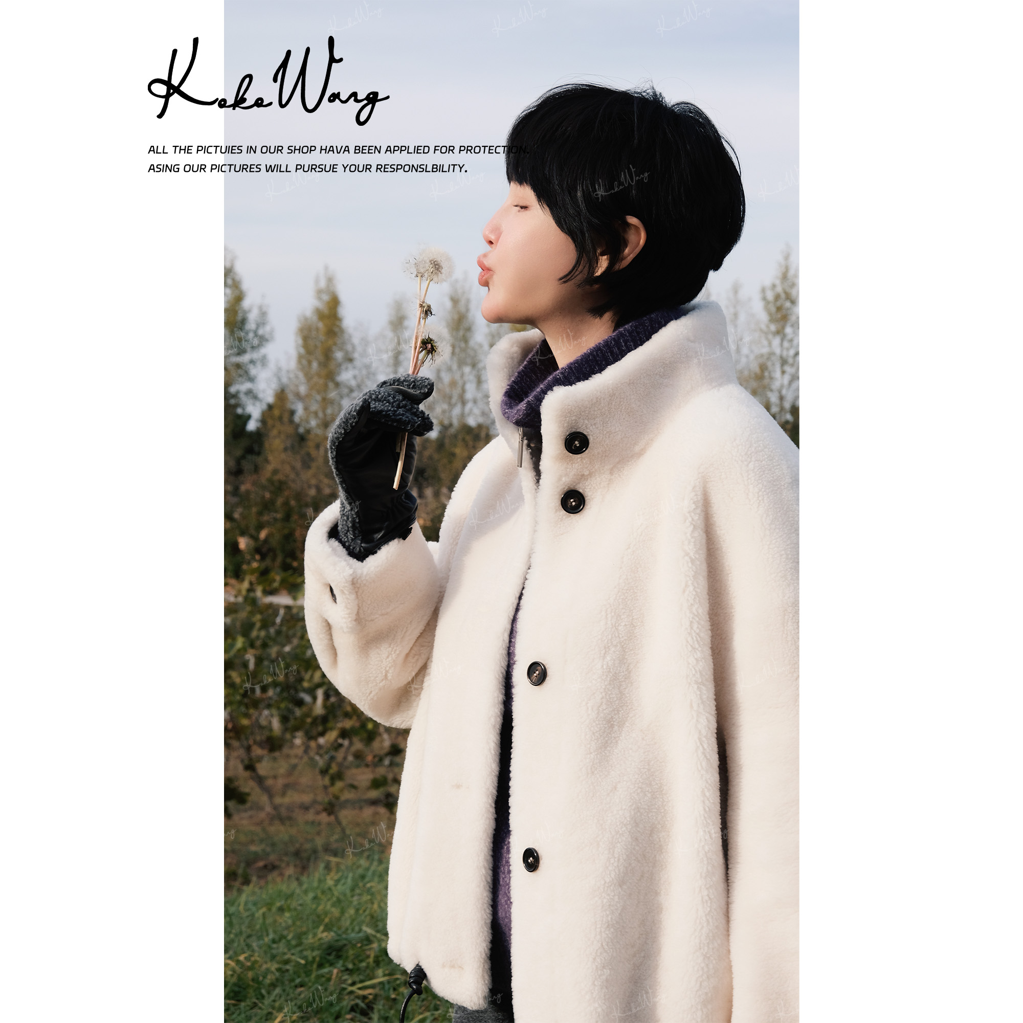 KOKO WANG【白雾】秋冬A+级美丽奴立领保暖皮毛一体外套X4855J08W47