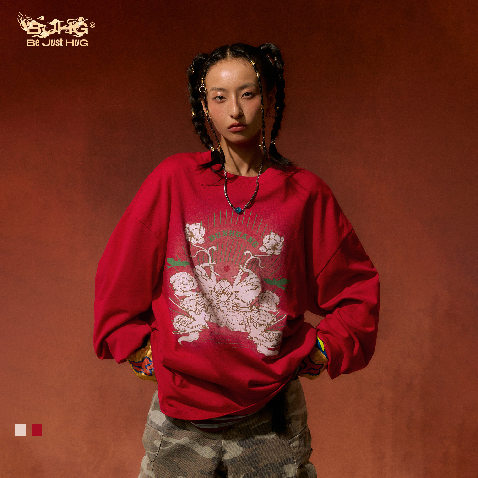 【敦煌联名】 BJHG不计后果国潮双纱长袖男t恤秋冬季打底衫卫衣女