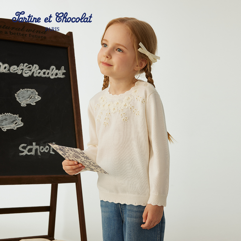 TC法国巧克力童装25新款女童绣花花边针织衫CIKAF4941A