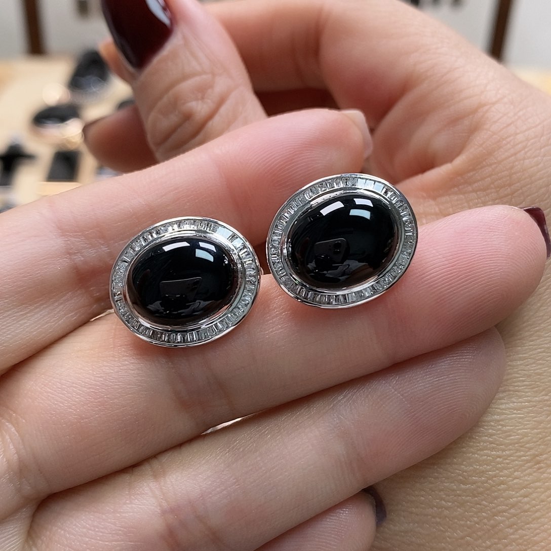 翡翠耳饰18K金镶嵌墨翠