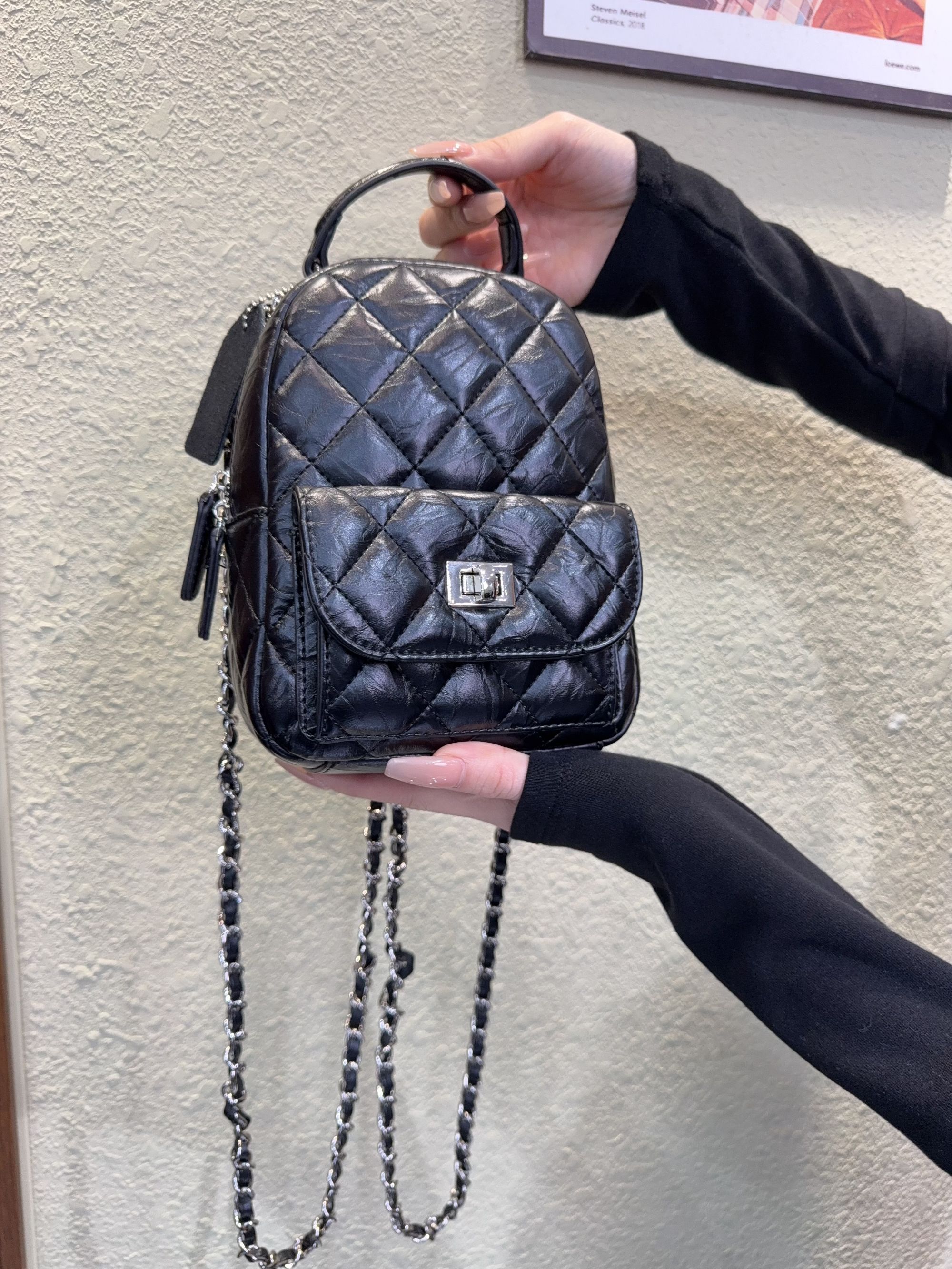 胖子迷你款格子菱格2025潮流韩式轻职风双肩包女士链条双肩包