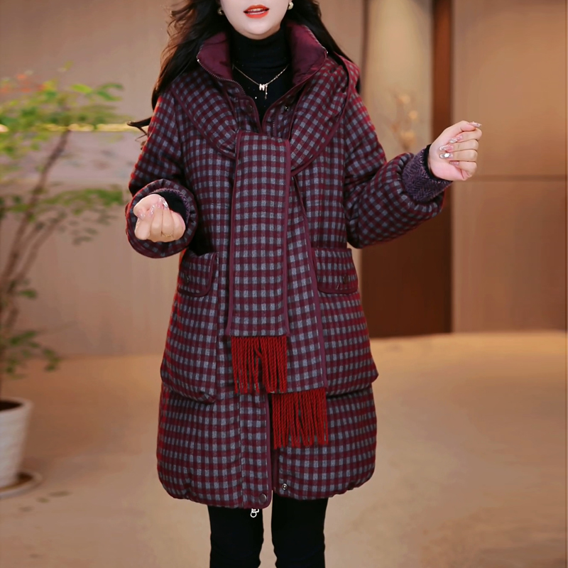 格子棉服外套女冬季2025新款今年流行爆款轻奢妈妈中长款保暖棉衣