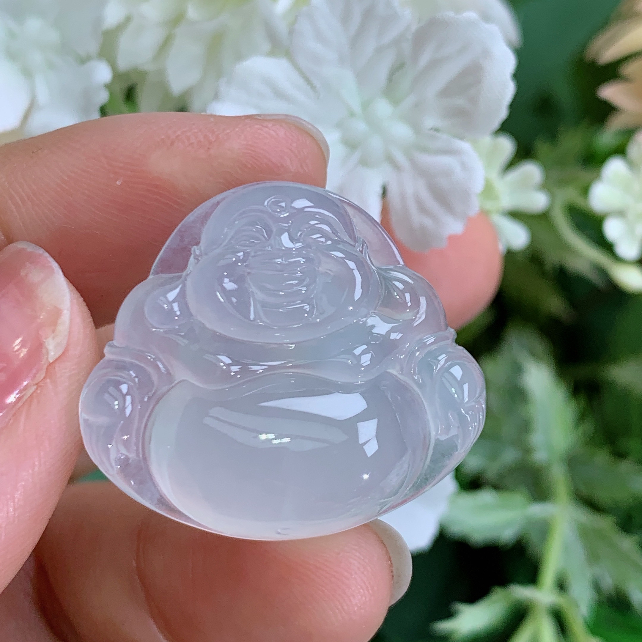 缅甸天然翡翠A货一刀切高冰起光白月佛公吊坠雪尺寸25.2/28.6/8.1